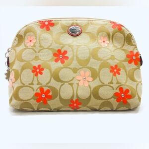 Coach Tan and Orange Cosmetic Bag with Floral Design